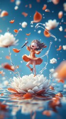 Girl Joyfully Dancing on Water Lily with Petals	