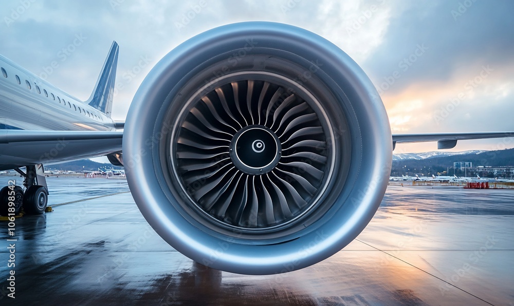 Poster close-up of an airplane engine on a runway, with a cloudy sky and a city skyline in the background.