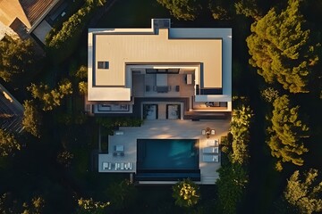 Drone photography of a modern mansion with large gardens, an outdoor pool, and impressive landscaping, showcasing luxury living, 4k resolution