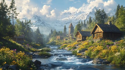 Naklejka premium Idyllic mountain village with a rushing stream and snow-capped peaks.