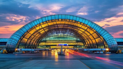 Obraz premium Modern airport terminal with a curved glass roof at sunset.