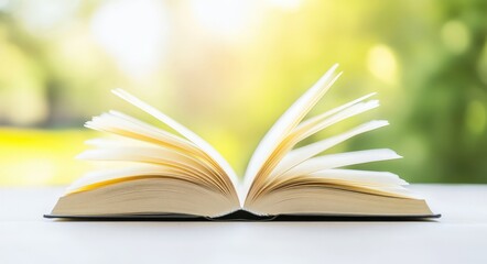 open book with pages against blurred nature background