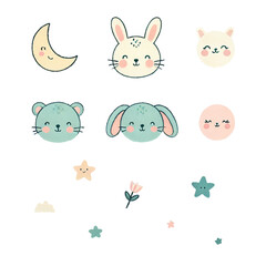 Cute wild animal faces set. Weather icons, kids friendly design. Rainbows and stars clipart for prints, t-shirts, holiday invitations, cards for children.