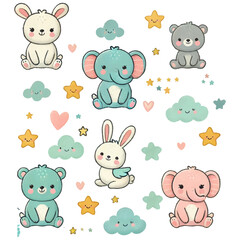 Colorful cute kid icons set. Doodle set of star, clound, heart, animal. Vector trendy hand drawn childish elements for stickers, patterns, banners
