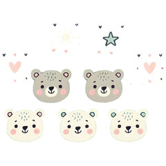 Cute wild animal faces set. Weather icons, kids friendly design. Hearts and stars clipart for prints, t-shirts, holiday invitations, cards for children.