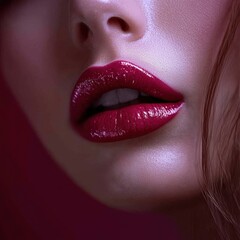 Obraz premium Radiant close-up of glossy red lips highlighted against a soft pink background, capturing beauty and elegance in a striking moment