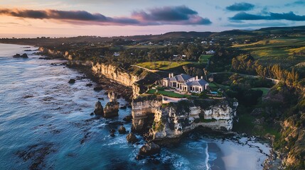 Drone photography of a South African coastal estate overlooking the Atlantic Ocean, dramatic cliffs and beaches below, 4k resolution