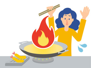 家庭内災害 - 揚げ物のための油が入った天ぷら鍋（中華鍋）の火災・火事のイメージイラスト。 © papico
