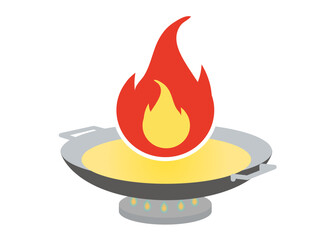 家庭内災害 - 揚げ物のための油が入った天ぷら鍋（中華鍋）の火災・火事のイメージイラスト。