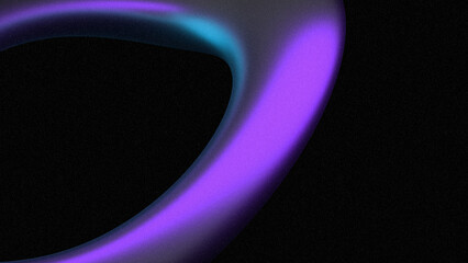 Abstract grainy background with ultraviolet curved shape as a frame on black backdrop. 3D render. Grunge texture. Fluorescent purple, light blue glares on glossy element. Dark futuristic illustration