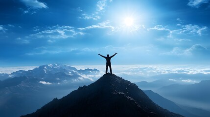 Beyond Binary photography of a person standing on a mountain peak, arms open wide, taking in the vast landscape, 4k resolution