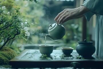 Beyond Binary photography of a person making tea in a serene garden, focused and gentle, the process as important as the result, 4k resolution