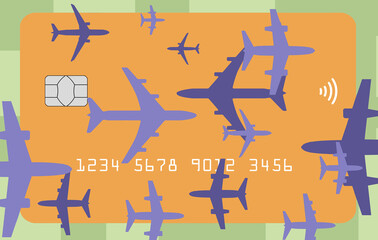 Airplanes seen from overhead are traveling left and right over a travel credit card or debit card in a 3-d illustration about costs and payment for air travel and vacations.