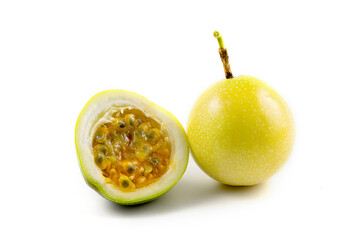 Yellow passion fruit and passion fruit with half isolated on white background.