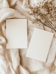 Blank Cards on Beige Fabric with Dried Flowers	