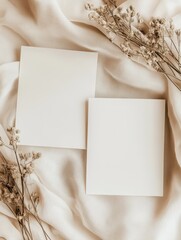 Blank Cards on Beige Fabric with Dried Flowers	