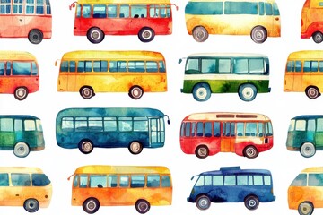 Colorful watercolor buses in various styles, ideal for transportation themes, children's art, or playful design projects.