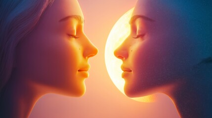 Two serene faces illuminated by a soft sunset glow, reflecting harmony and connection during twilight in a tranquil setting.