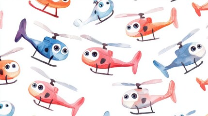 Playful illustration of colorful helicopters in a whimsical pattern, perfect for children's designs and playful themes.