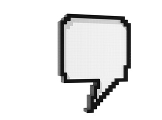 Empty, blank, square shaped 3D pixelized voxel speech bubble or balloon isolated on white background
