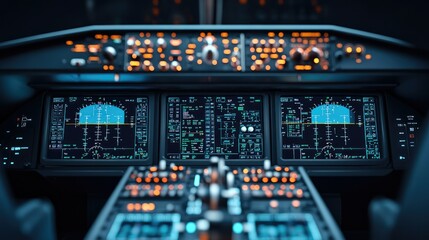 A close-up view of a modern aircraft cockpit with controls and screens.