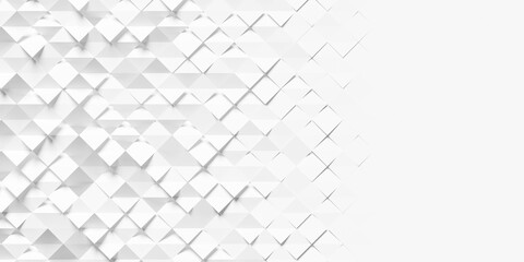 Diagonally arranged randomly folded white plane squares background wallpaper banner with copy space