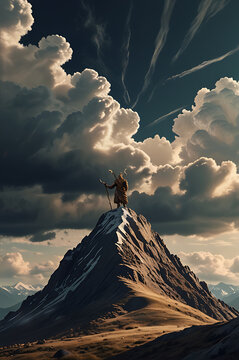 The god Enlil standing on a mountain peak, with wind gusts and clouds swirling around, symbolizing his role as the god of air and storms.