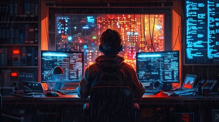 Obraz premium A programmer working on code, dual monitors showing complex data and coding scripts, dark room with glowing screens, focused and intense atmosphere