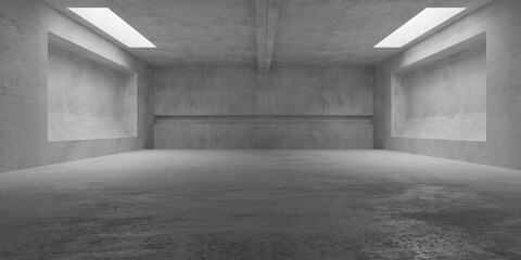 Abstract empty, modern concrete room with sloped recesses or niches left and right, ceiling light shafts and rough floor - industrial interior background template