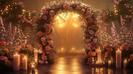 A romantic, floral archway adorned with candles and soft lighting, perfect for a dreamy wedding or celebration setting.