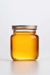 Closeup of a glass jar filled with golden honey