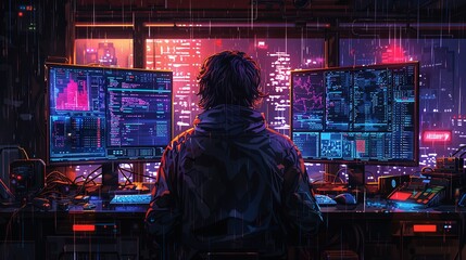 Obraz premium A programmer working on code, dual monitors showing complex data and coding scripts, dark room with glowing screens, focused and intense atmosphere
