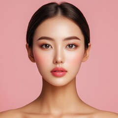 Fototapeta premium A serene portrait of a young woman with flawless skin and soft pink makeup against a vibrant pink background