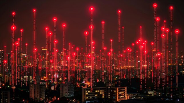 Illuminated cityscape showcasing smart city infrastructure and communication networks under 5G and low power wide area technology at night