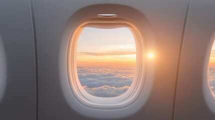 Fototapeta premium Airplane window view of clouds and sunset during golden hour.