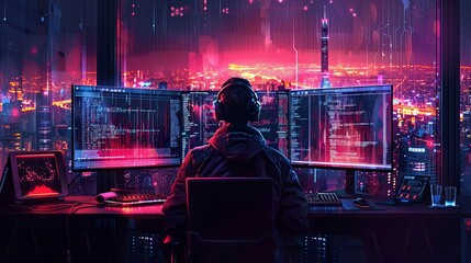 Fototapeta premium A programmer working on code, dual monitors showing complex data and coding scripts, dark room with glowing screens, focused and intense atmosphere