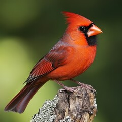 A vibrant northern cardinal perched gracefully on a weathered stump surrounded by soft, blurred greenery in the warm afternoon light