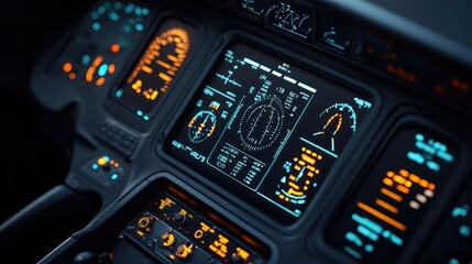 Fototapeta premium Cockpit instrument panel with colorful displays and controls in advanced aircraft.