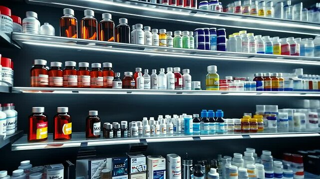 A pharmacy shelf system displaying a range of neatly organized pharmaceutical products, from large bottles of cough syrup to small pill packets, each shelf meticulously stocked.