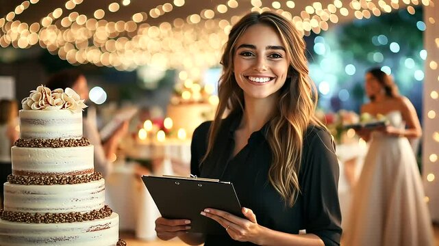 A smiling event planner standing beside a three-tiered wedding cake, holding her clipboard, as the reception hall glows with twinkling lights and happy guests celebrate.
