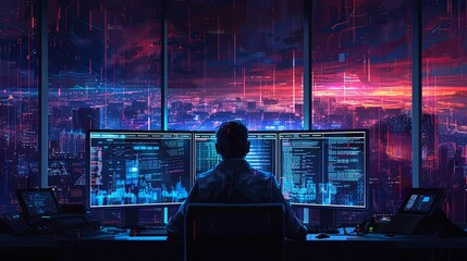 Fototapeta premium A programmer working on code, dual monitors showing complex data and coding scripts, dark room with glowing screens, focused and intense atmosphere