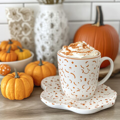 Embrace the cozy vibes of fall with a pumpkin spice latte in hand, surrounded by mini pumpkins and autumn leaves!