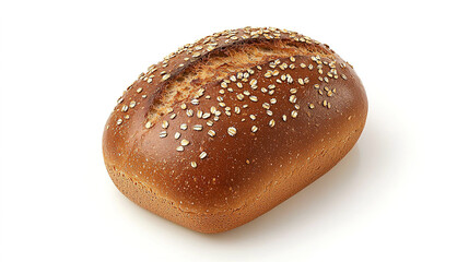 Loaf of whole grain bread with oats on top, white isolate background.