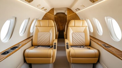 Luxurious private jet interior with leather seats and elegant design.
