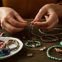Hands Crafting Handmade Jewelry with Beads and Thread