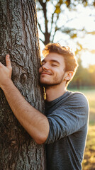 Young man finds solace in nature as he embraces a large tree with closed eyes and a peaceful smile