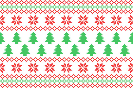 Seamless Christmas Pixel Pattern with Snowflake and Christmas tree.Design Ideal for Holiday Wrapping Paper, Sweaters, Fabric, Home Decor, Crafts, and Digital Projects with a Cozy Retro Style.