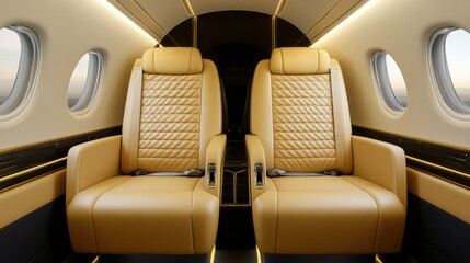 Luxury airplane interior with two elegant leather seats, modern design.