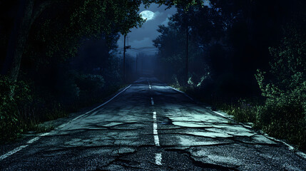 An overgrown road with cracked asphalt and eerie shadows cast by the moonlight.