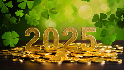 Golden 2025 inscription on golden coins with green clovers in the background
